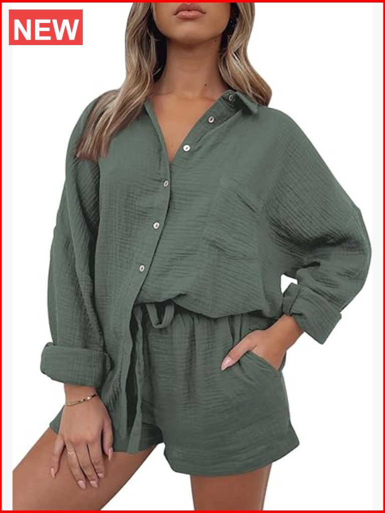 Women 2 Piece Pajama Set Cotton Long Sleeve Button Down Top Shorts Lounge